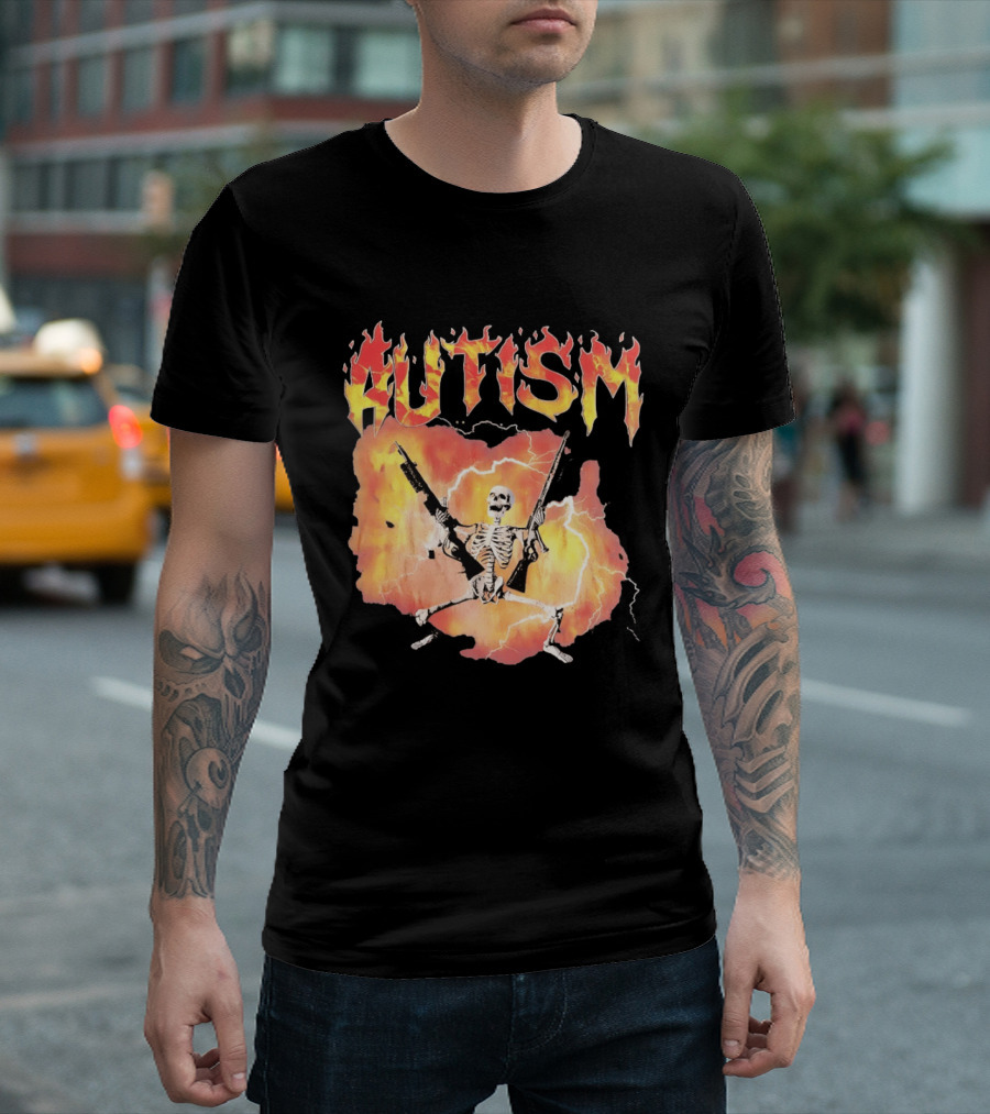 Autism Flaming Skeleton Meme Guns Edgy Fire T-Shirt