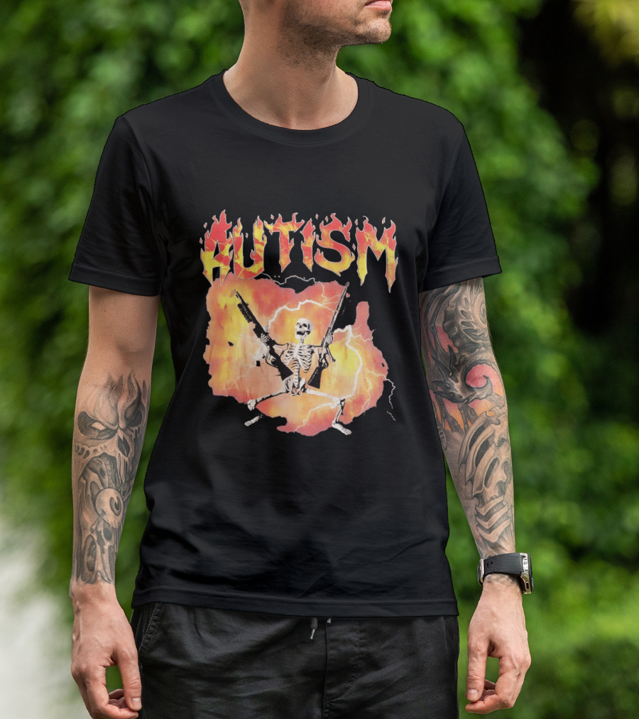 Autism Flaming Skeleton Meme Guns Edgy Fire T-Shirt