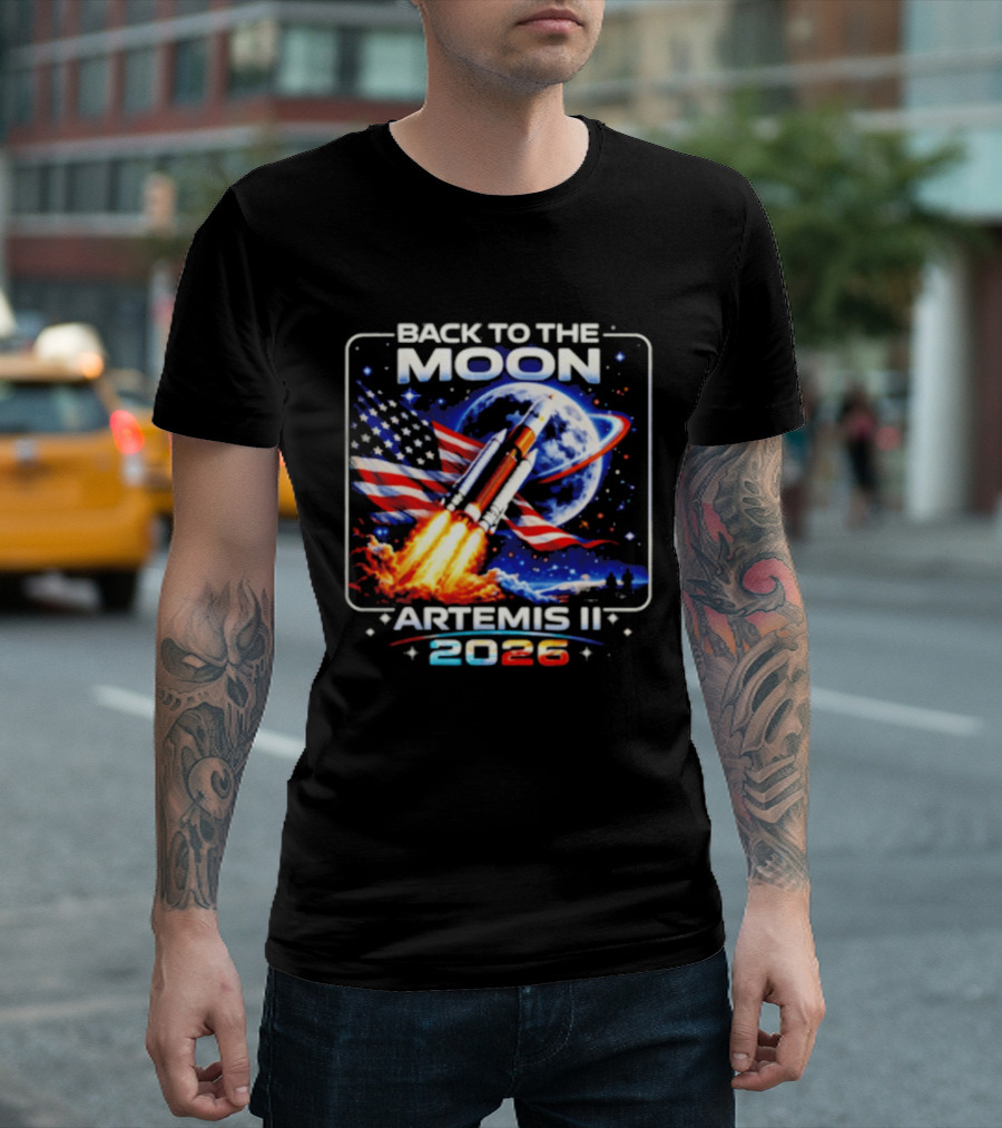 Back To The Moon Artemis II 2026 Rocket Launch Space Mission USA Flag T-Shirt