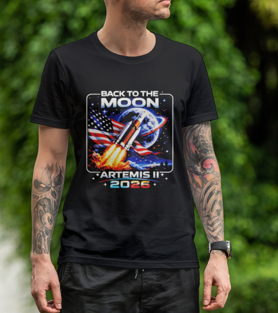 Back To The Moon Artemis II 2026 Rocket Launch Space Mission USA Flag T-Shirt