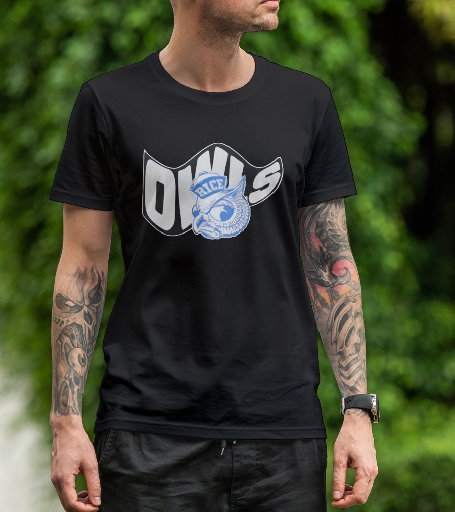 Rice Owls Waving Flag Bold Script With Blue Owl T-Shirt