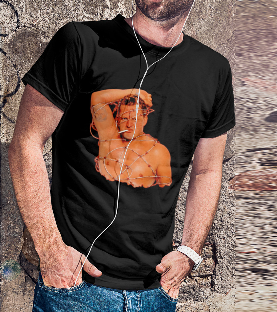 Sandman Barbed Wire Screenprinted Wrapping Wrestler With Cigarette T-Shirt
