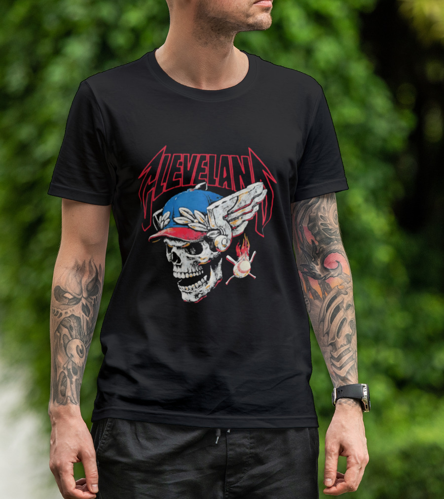 Cleveland Skull Flames Winged Helmet Baseball Bat And Ball T-Shirt