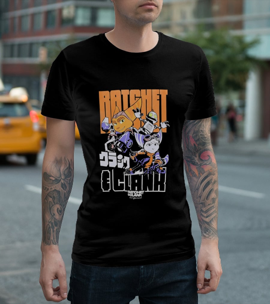 Ratchet And Clank Characters Orange And White Illustration With Japanese T-Shirt