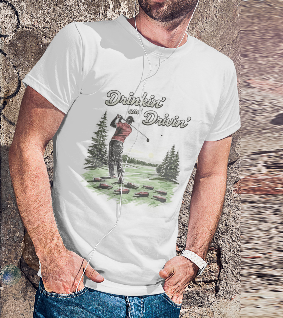 Drinkin' And Drivin' Man Playing Golf With Sunset And Trees T-Shirt