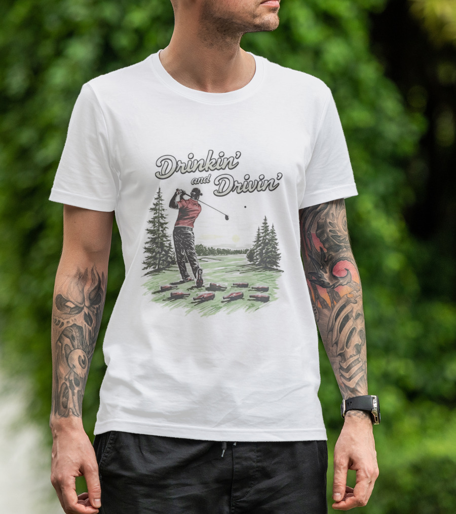 Drinkin' And Drivin' Man Playing Golf With Sunset And Trees T-Shirt