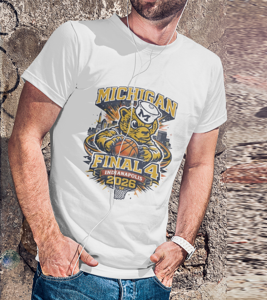 Michigan Wolverines Final Four 2026 Indianapolis Skyline Basketball Bear T-Shirt