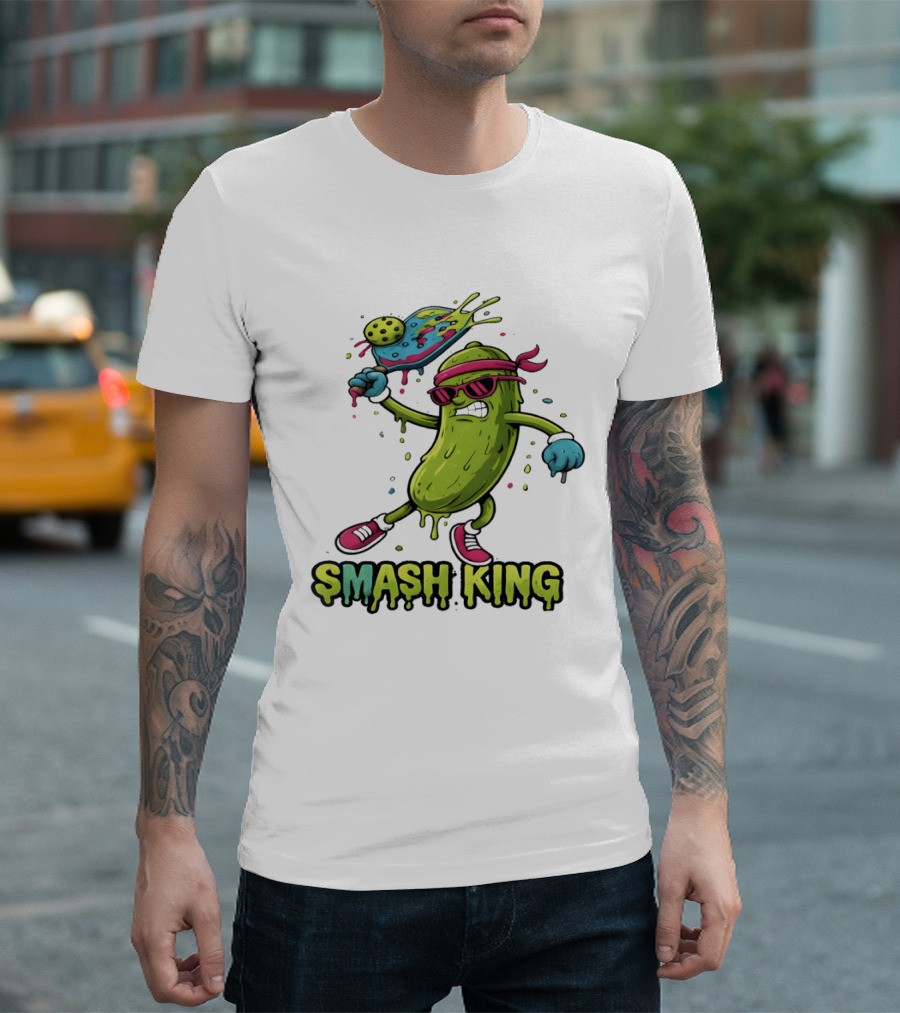 Smash King Pickleball Pickle Character With Paddle And Ball T-Shirt