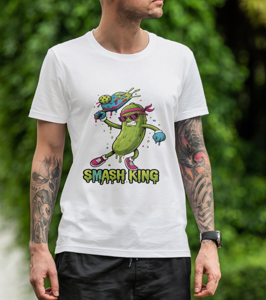 Smash King Pickleball Pickle Character With Paddle And Ball T-Shirt