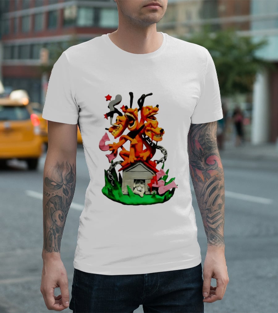 Three Head Monster Dog Cerberus Cartoon Chain House Statue T-Shirt