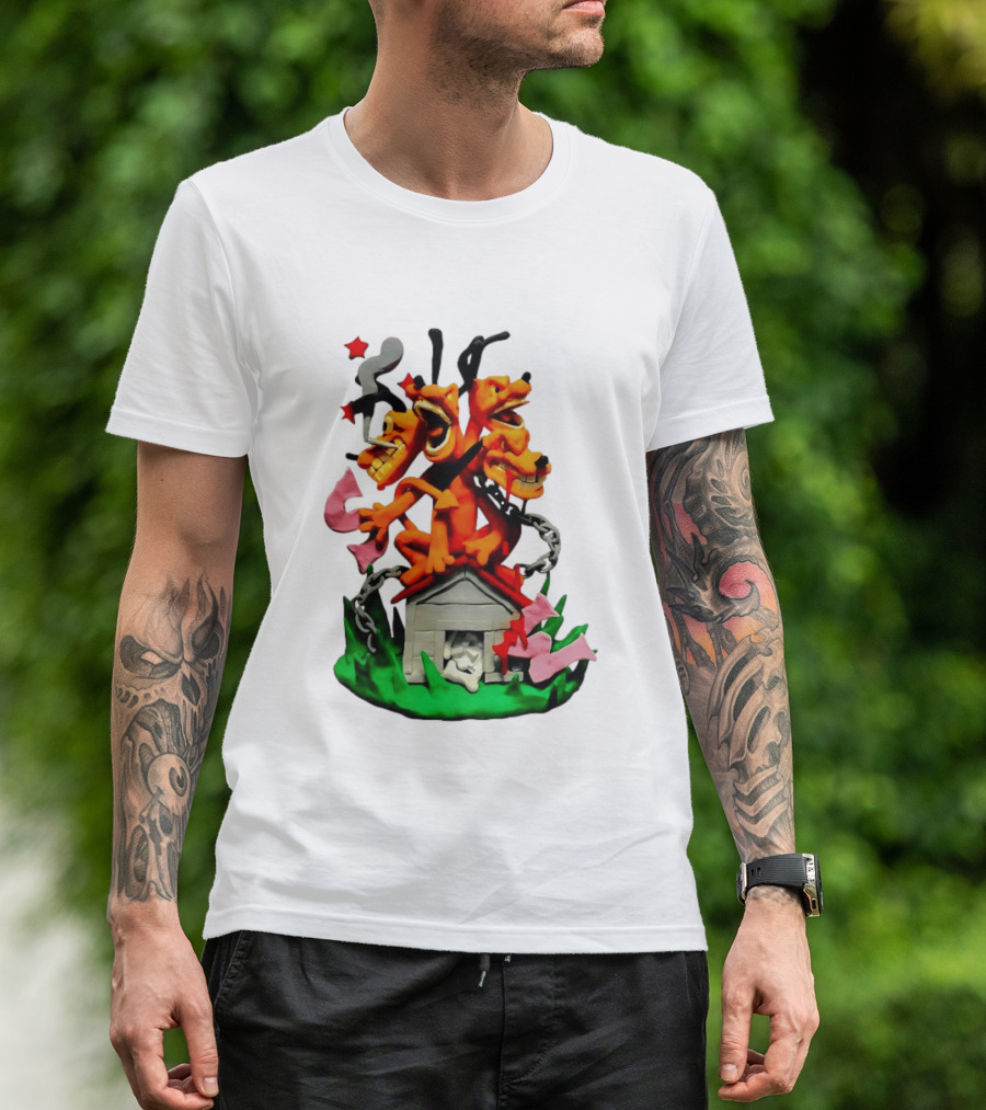 Three Head Monster Dog Cerberus Cartoon Chain House Statue T-Shirt