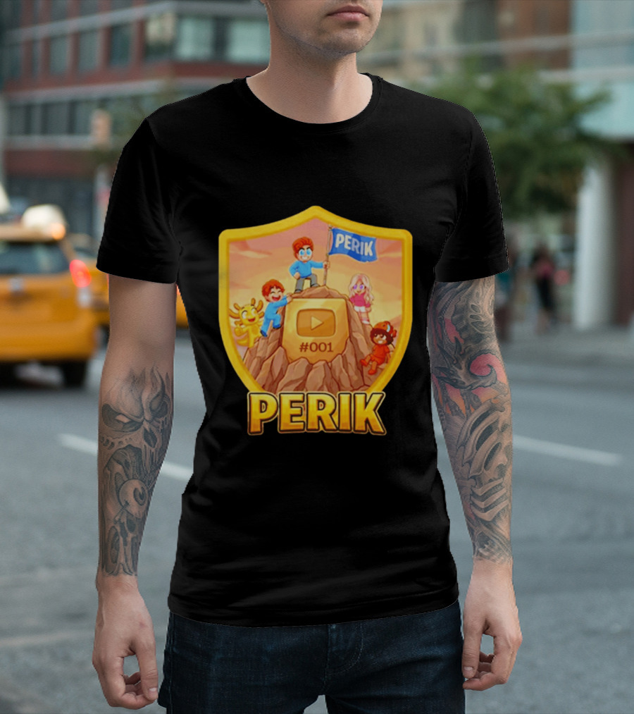 Perik #001 Cartoon Characters On Mountain With YouTube Play Button Image T-Shirt