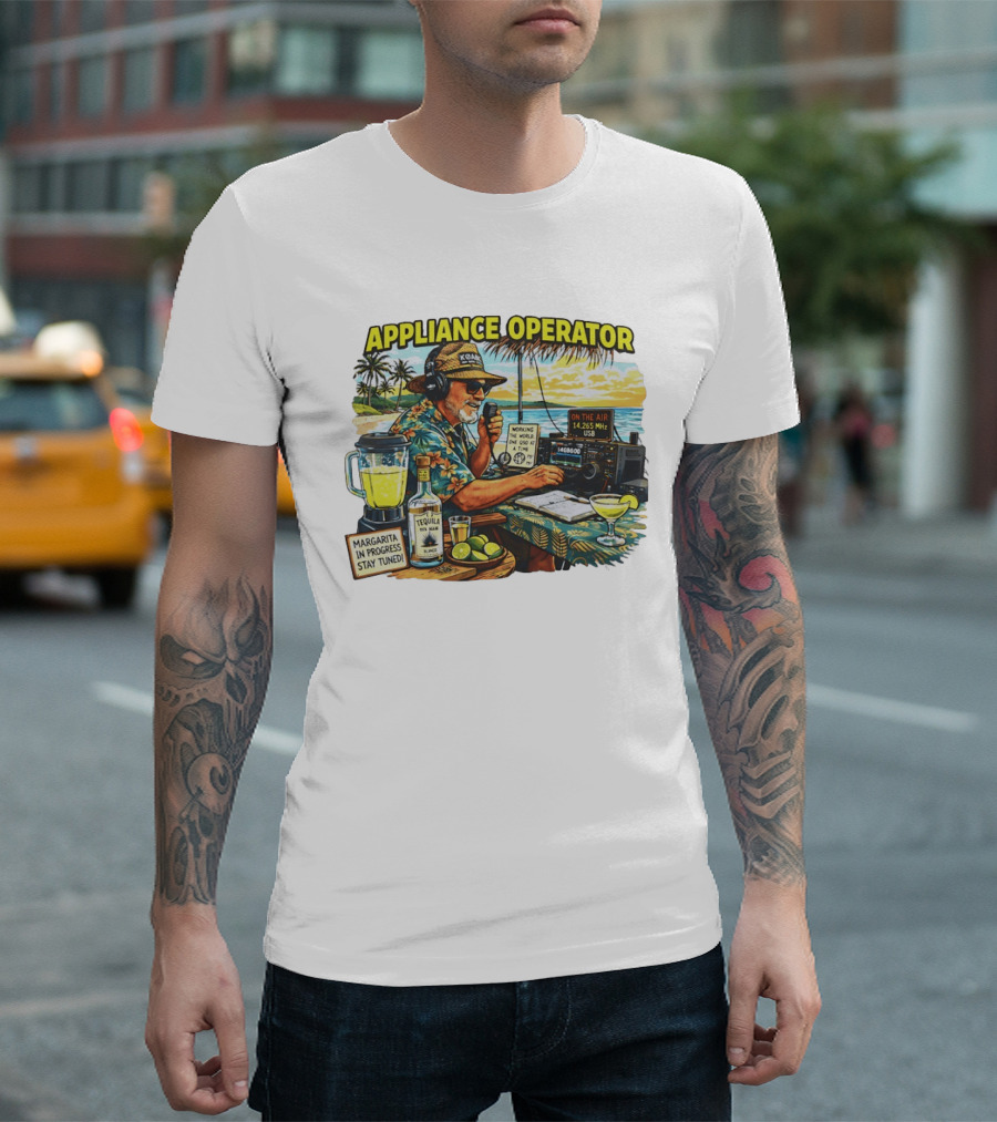 Appliance Operator Radio Margarita In Progress Stay Tuned Beach Tropical Scene T-Shirt