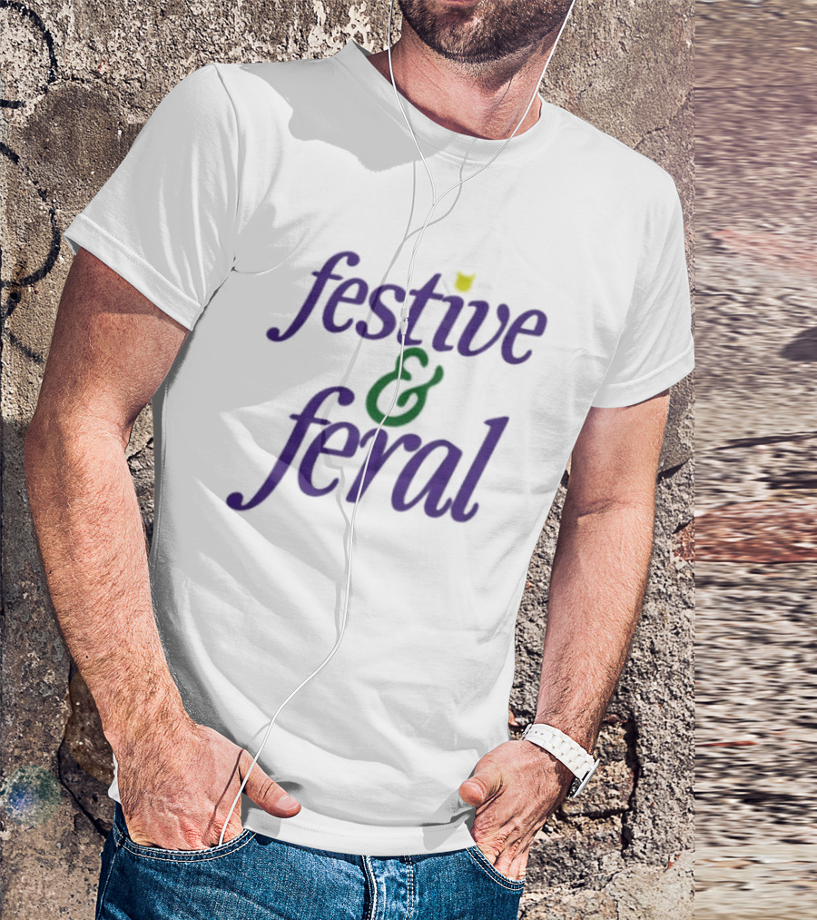 Festive And Feral Cat Head Antlers Text Holiday T-Shirt