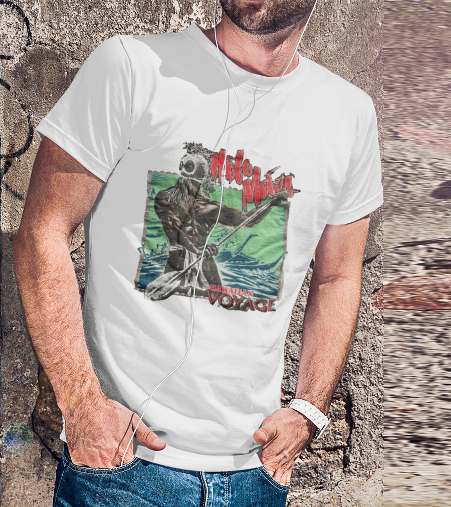 Holo Moana Hawaiian Voyage Paddler With Tribal Mask And Canoe Scene T-Shirt