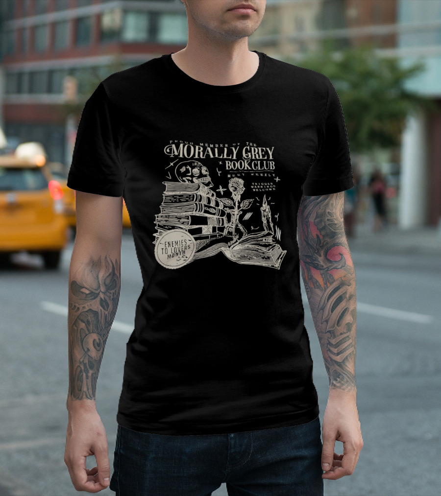 Morally Grey Book Club Skull Candle Rose Stacked Books Open Pages Stars T-Shirt