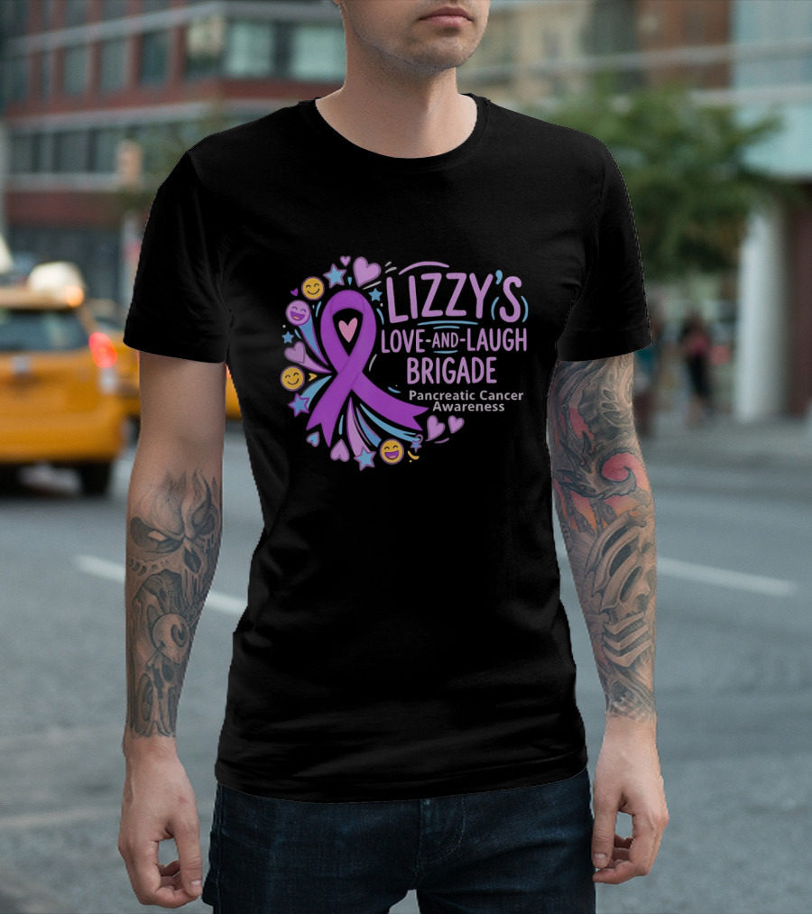 Lizzy's Love And Laugh Brigade Pancreatic Cancer Awareness Purple Ribbon Hearts And Smiles T-Shirt
