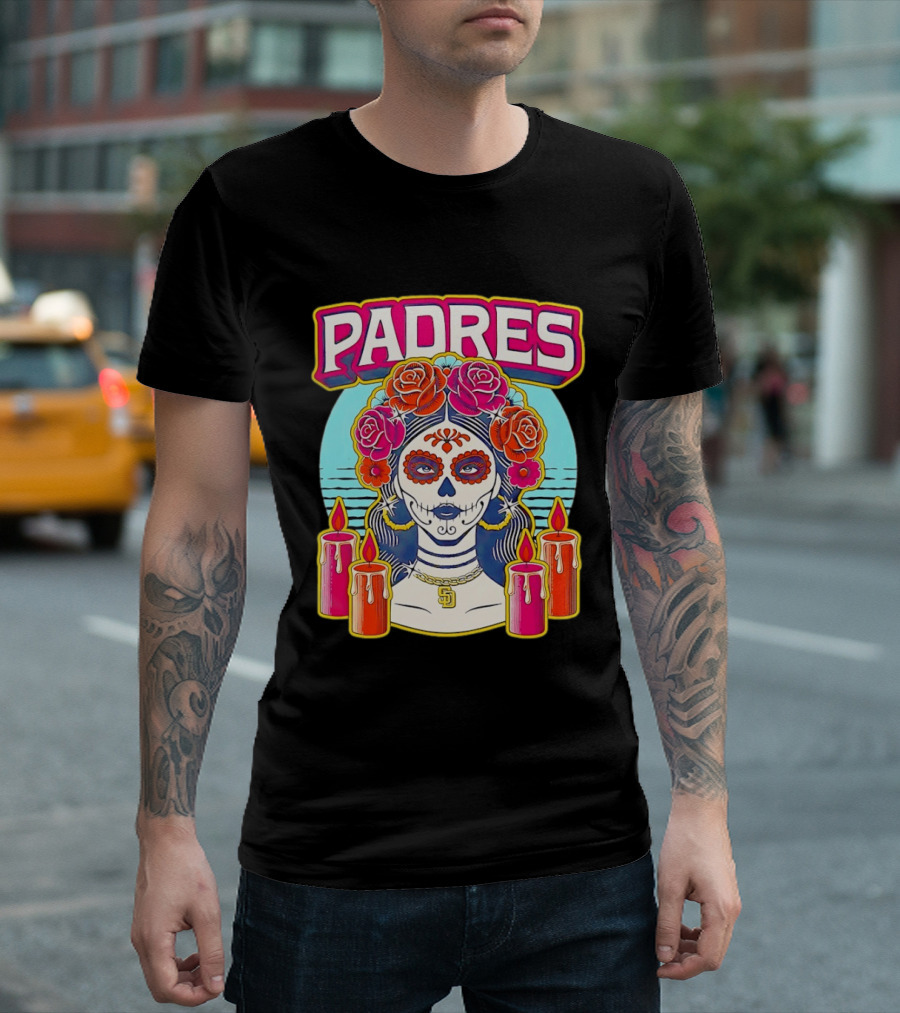 San Diego Padres La Catrina Dia De Los Muertos Candles And Flowers T-Shirt