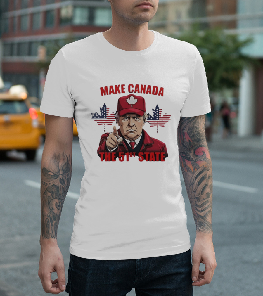 Make Canada The 51st State Trump Red Cap Maple Leaf Stars Stripes T-Shirt