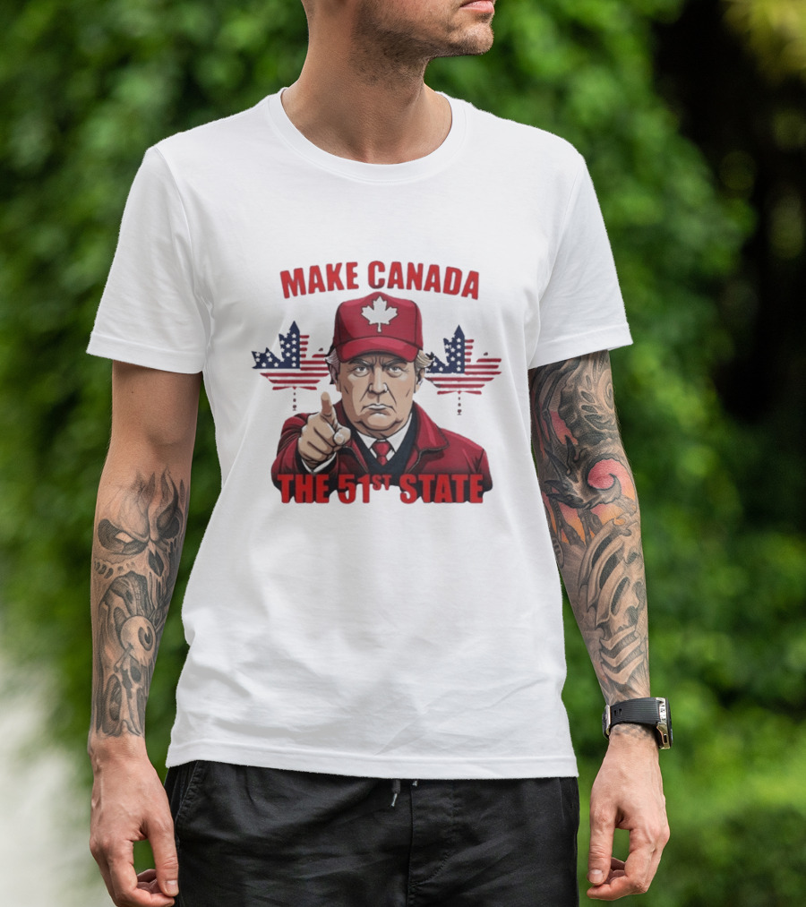 Make Canada The 51st State Trump Red Cap Maple Leaf Stars Stripes T-Shirt