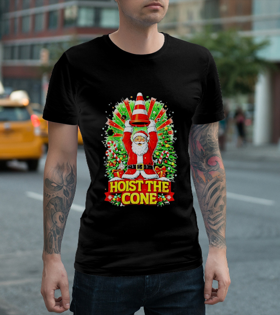 Santa Hoist The Cone Christmas Lights Tree Candy Canes T-Shirt