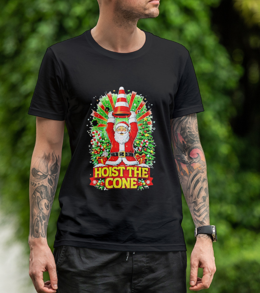 Santa Hoist The Cone Christmas Lights Tree Candy Canes T-Shirt