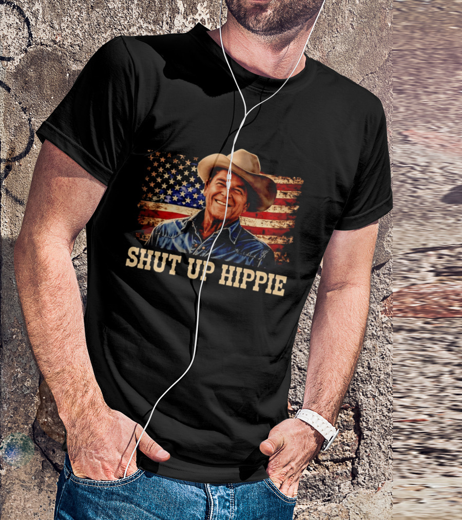 Shut Up Hippie Ronald Reagan Cowboy Hat American Flag T-Shirt