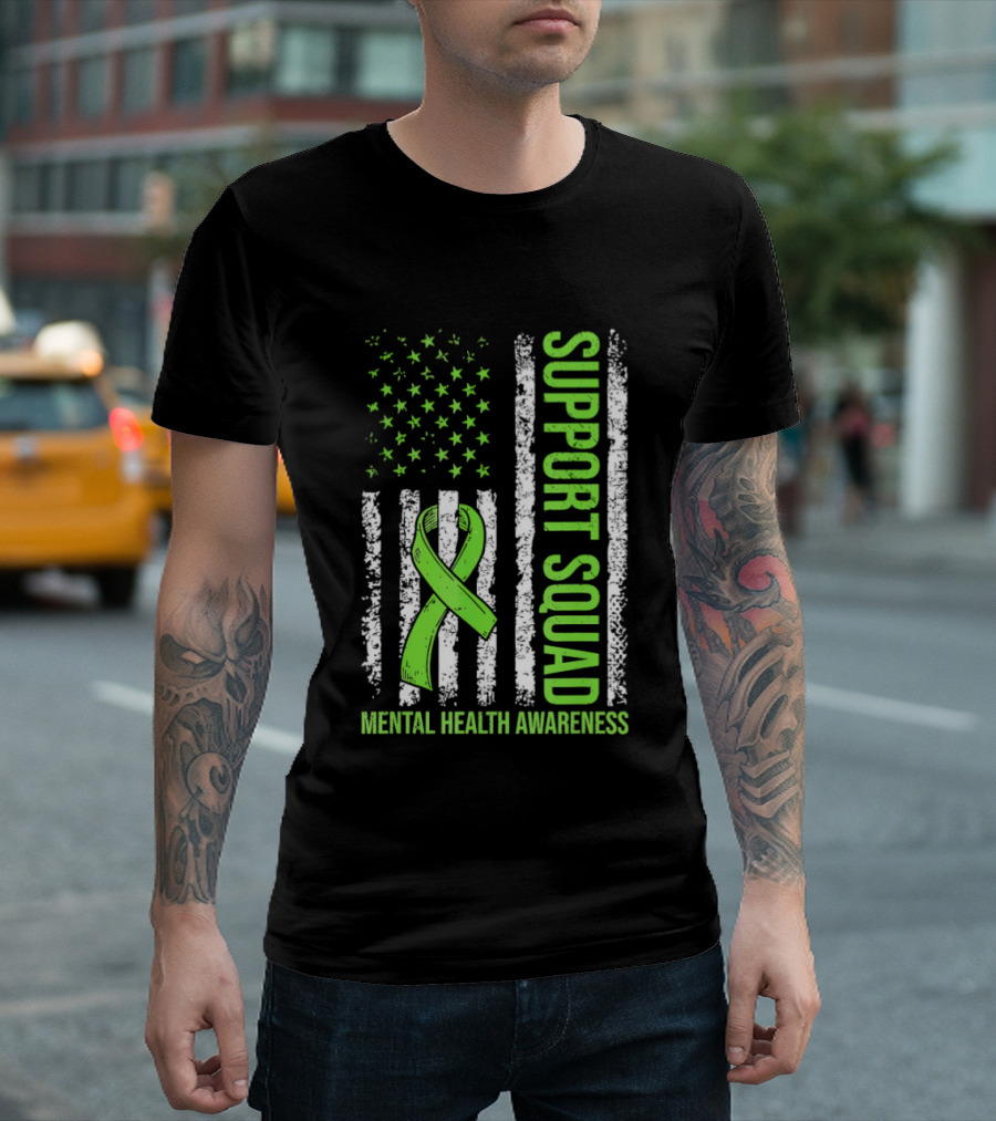 Support Squad US Flag Green Ribbon Mental Health Awareness T-Shirt
