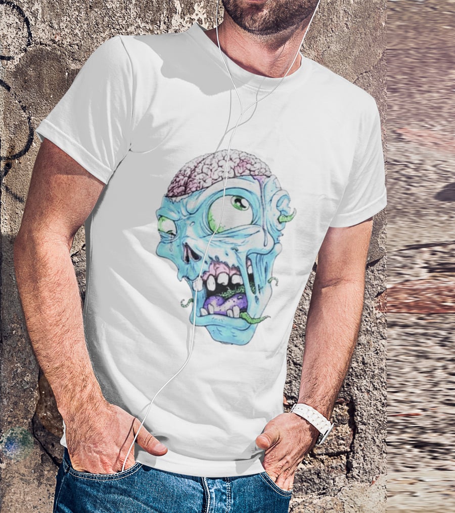 Annoyed Monster Head Zombie Skull Illustration With Exposed Brain And Worms T-Shirt