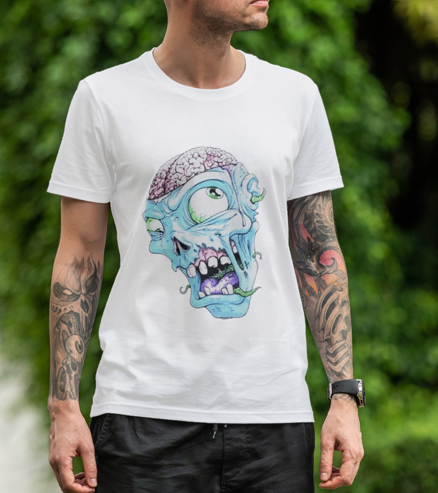 Annoyed Monster Head Zombie Skull Illustration With Exposed Brain And Worms T-Shirt