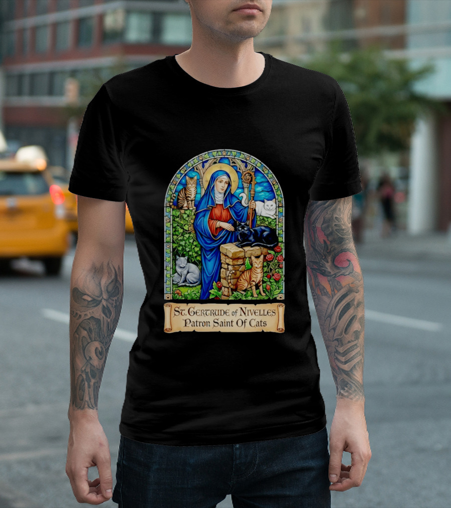 St. Gertrude Of Nivelles Patron Saint Of Cats Iconic Stained Glass Cat T-Shirt
