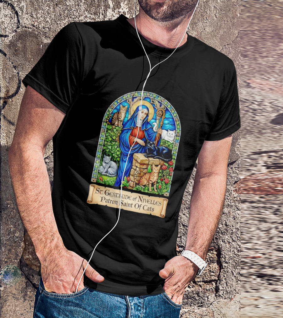 St. Gertrude Of Nivelles Patron Saint Of Cats Iconic Stained Glass Cat T-Shirt