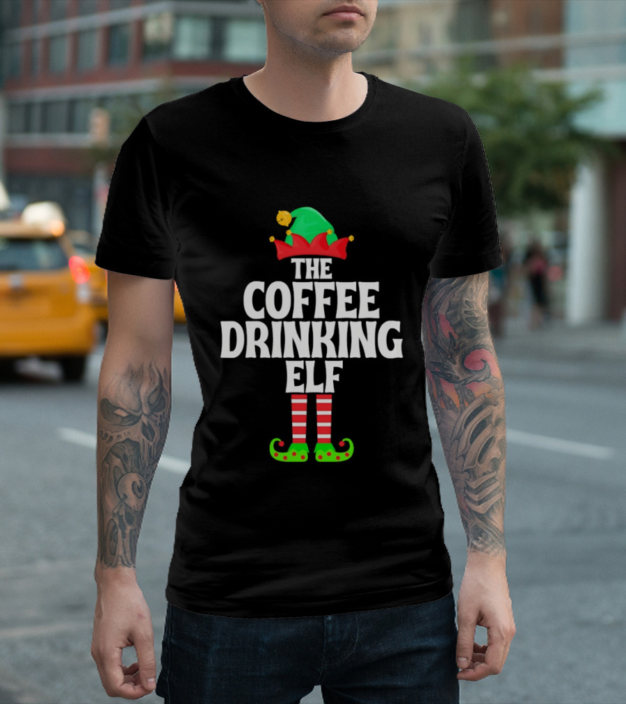 The Coffee Drinking Elf Red Green Jester Hat Striped Socks T-Shirt