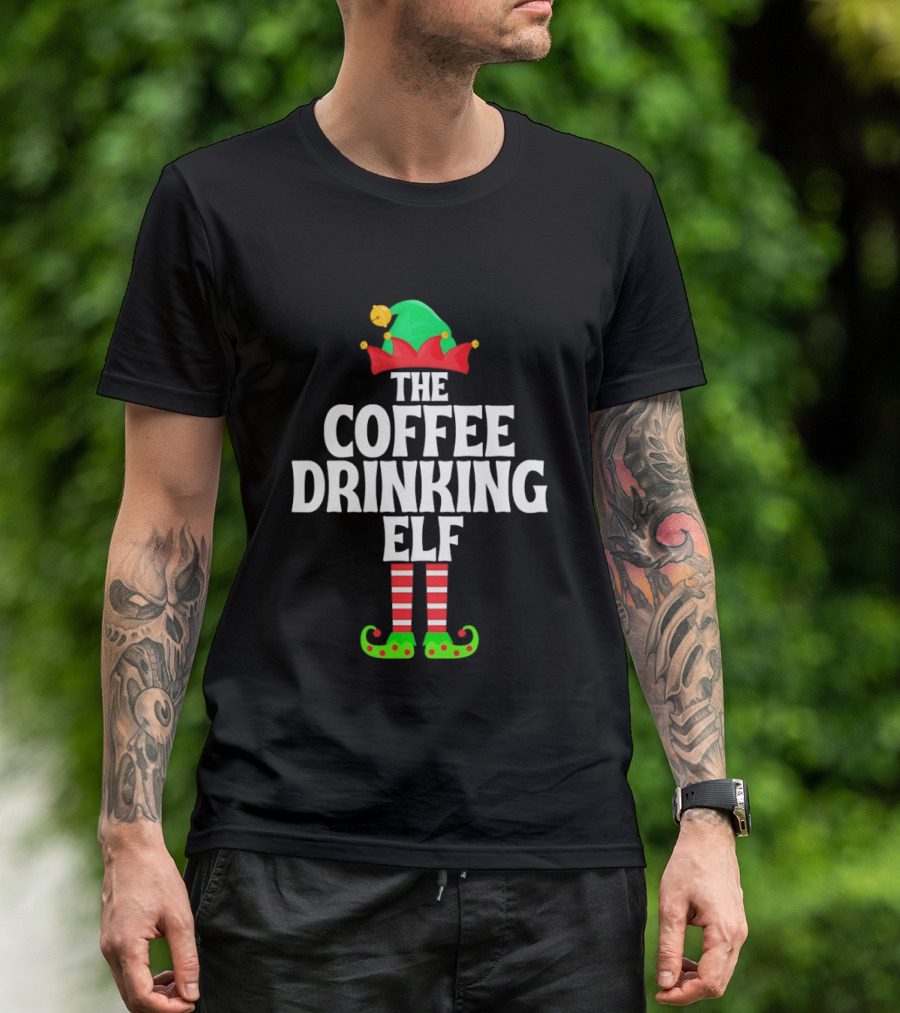 The Coffee Drinking Elf Red Green Jester Hat Striped Socks T-Shirt