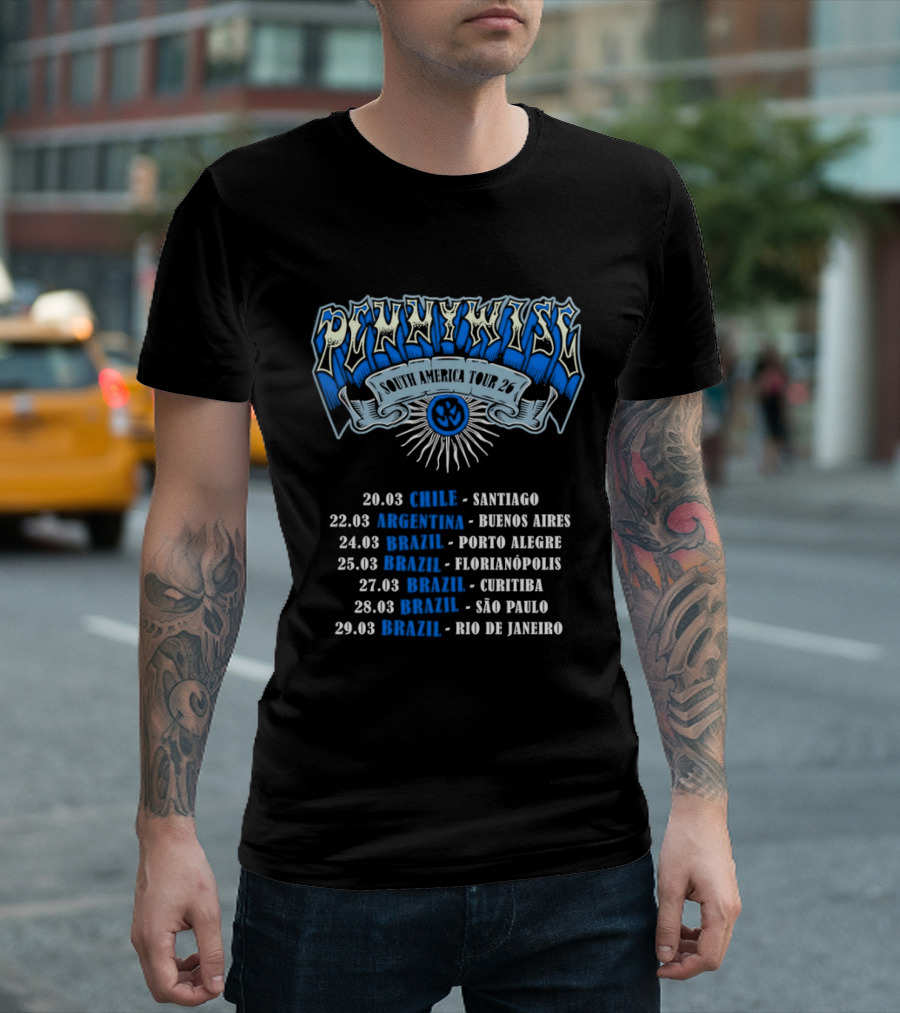 Pennywise South America Tour 2026 Chile Argentina Brazil Santiago Buenos Aires Porto Alegre Florianópolis Curitiba São Paulo Rio De Janeiro T-Shirt