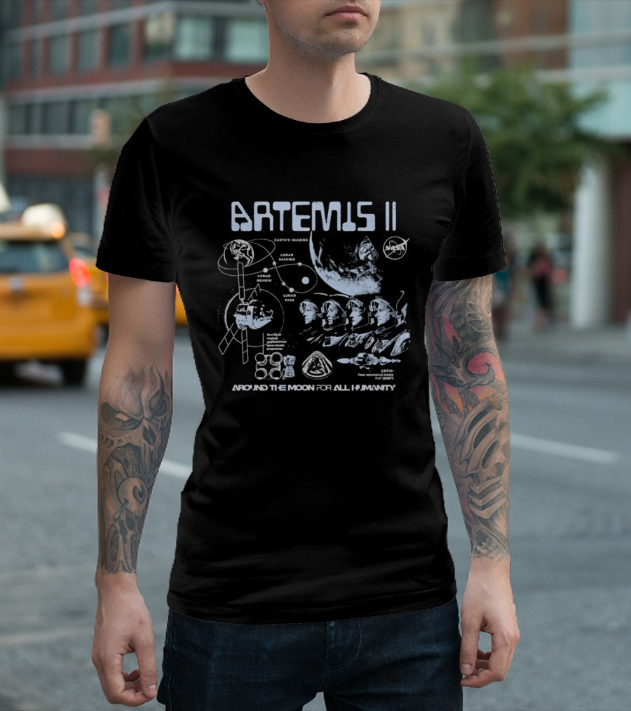Artemis II Lunar Mission Trajectory And Astronaut Crew Exploration Around The Moon For All Humanity T-Shirt