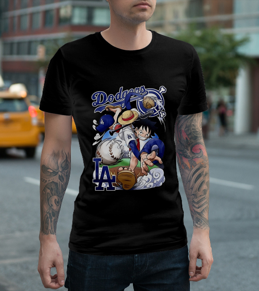 Luffy Los Angeles Dodgers One Piece Anime Crossover MLB Collaboration T-Shirt