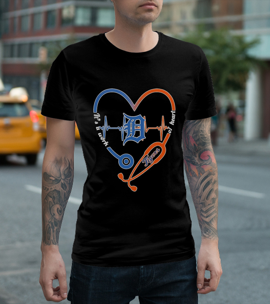 Detroit Tigers Heartbeat Stethoscope Work Of Heart T-Shirt