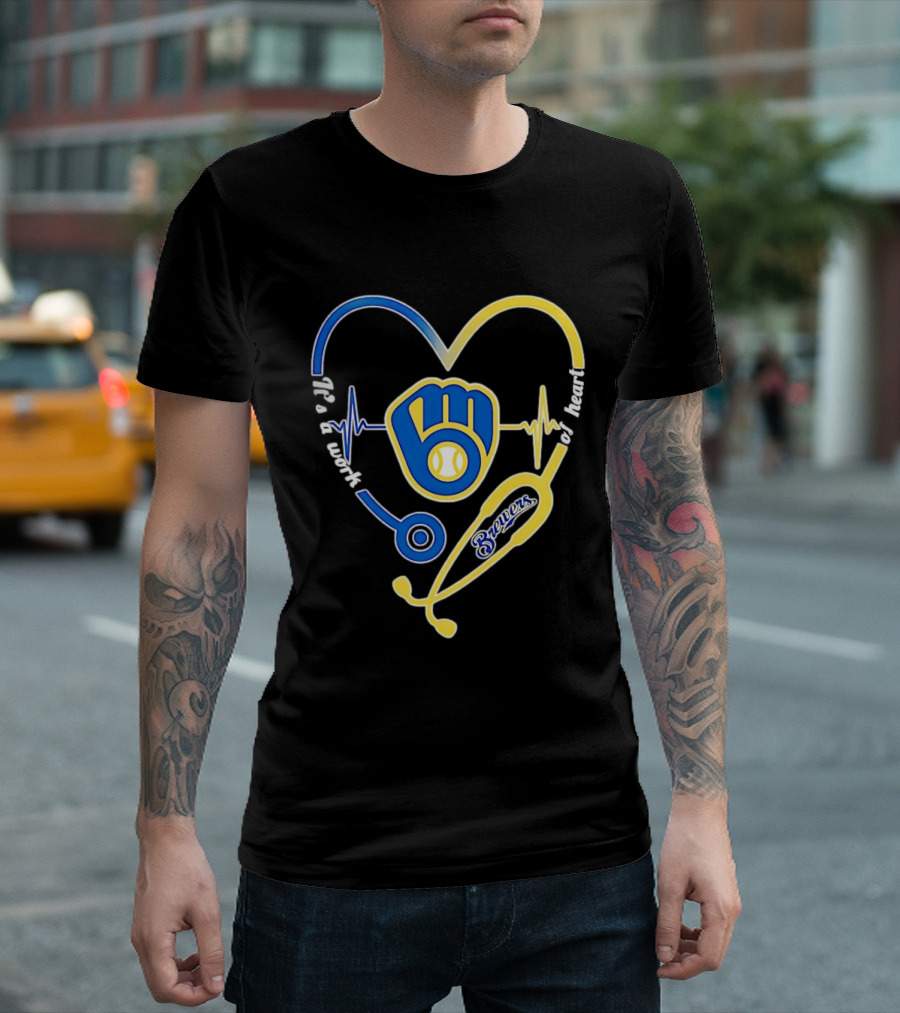 Milwaukee Brewers Baseball Heartbeat Stethoscope It's A Work Of Heart T-Shirt
