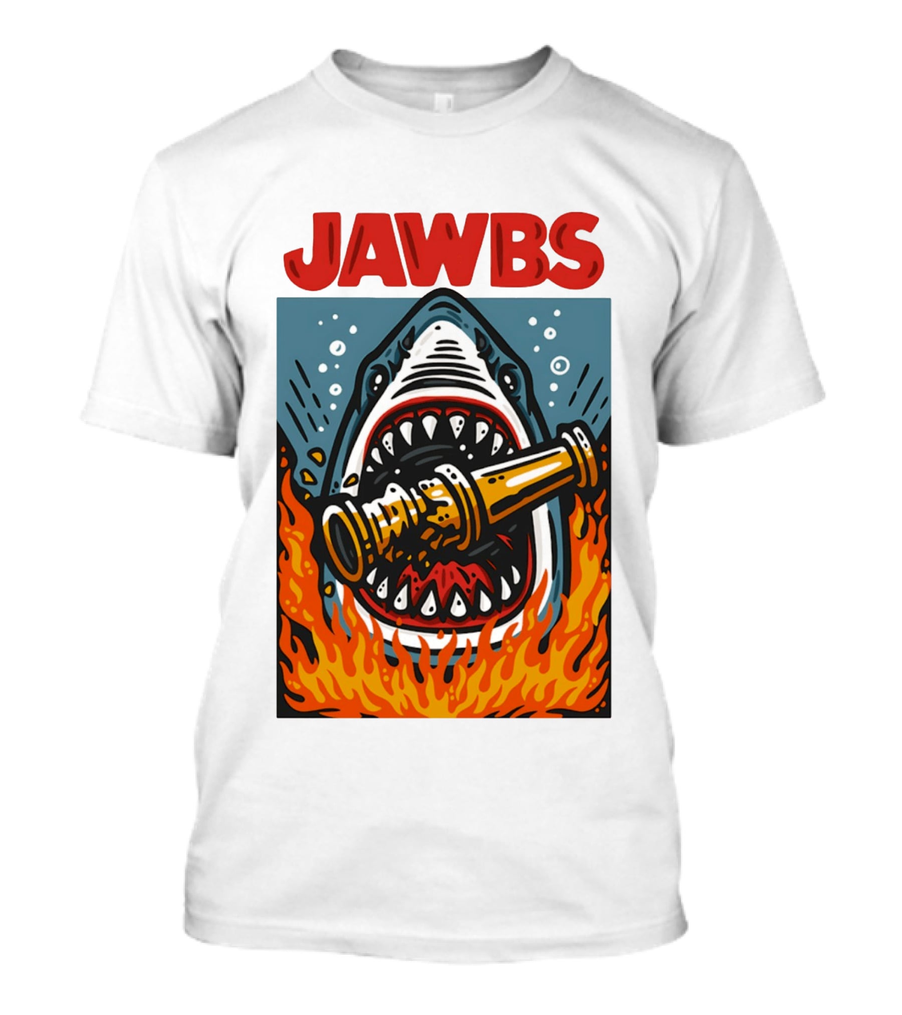 JAWS Jawbs Shark Biting Fire Hose Surrounded By Flames T-Shirt