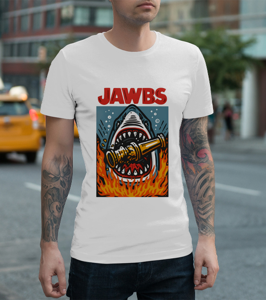 JAWS Jawbs Shark Biting Fire Hose Surrounded By Flames T-Shirt