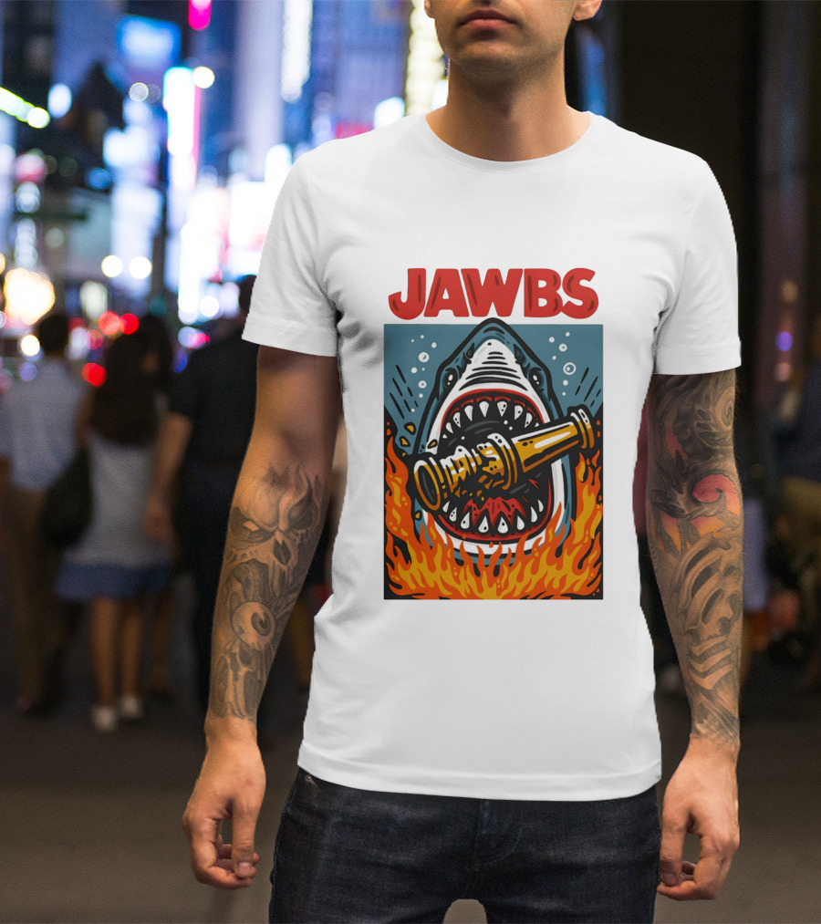 JAWS Jawbs Shark Biting Fire Hose Surrounded By Flames T-Shirt