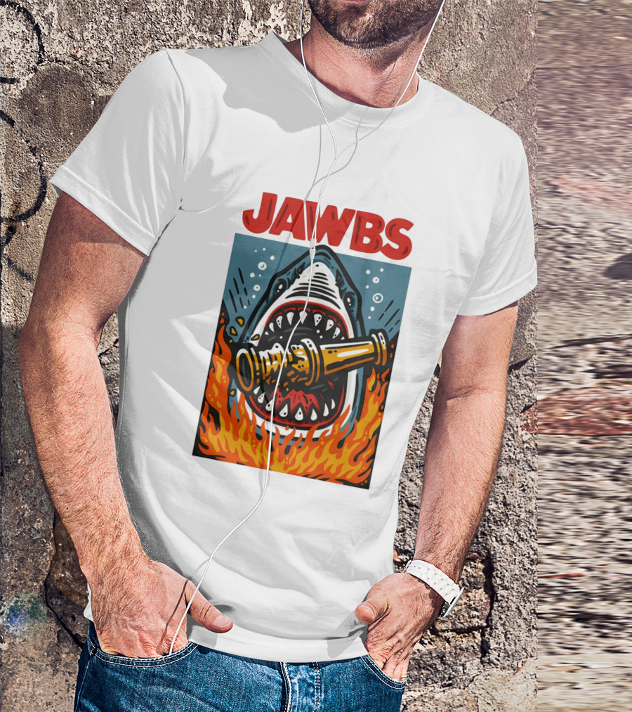 JAWS Jawbs Shark Biting Fire Hose Surrounded By Flames T-Shirt