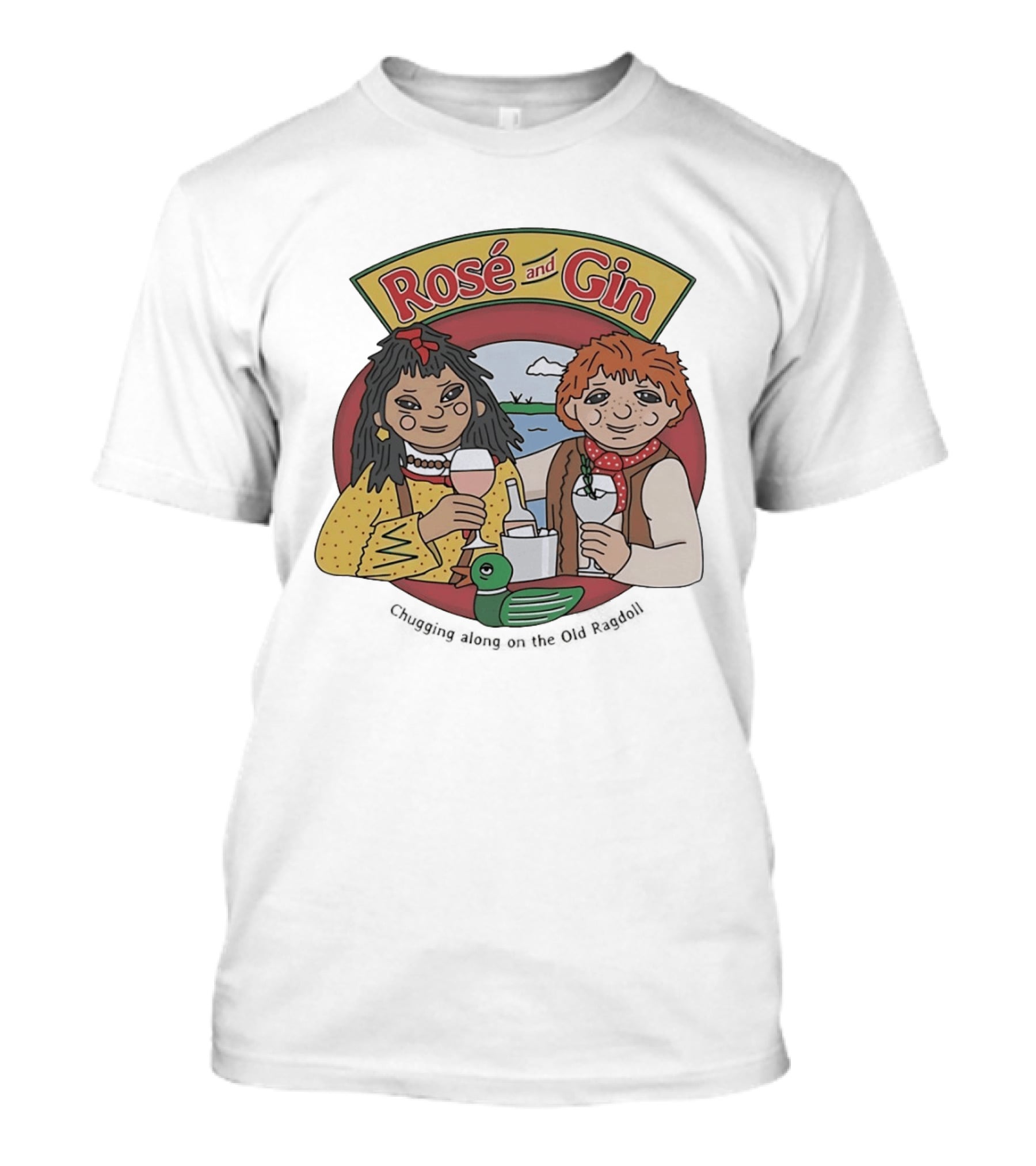 Rose And Gin Nostalgic Cartoon Duo With Drinks And Toy Duck T-Shirt