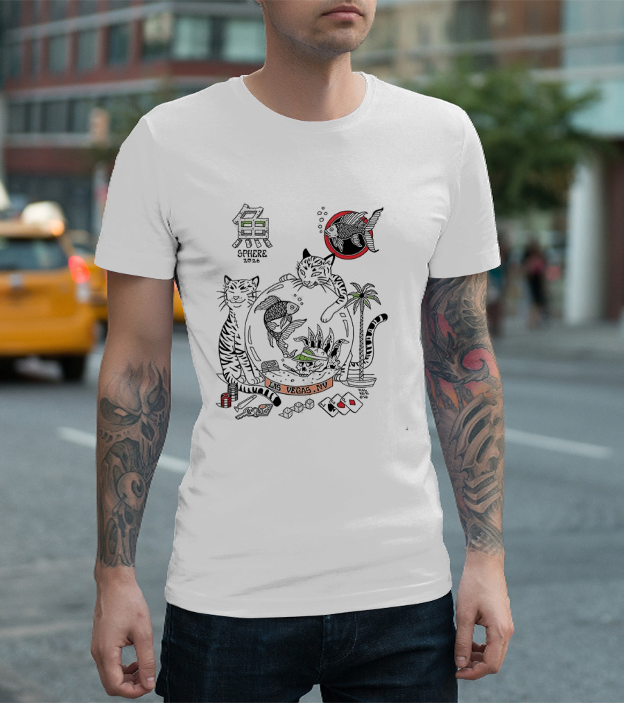 Sphere 2026 Vegas Cats And Aquatic Scene With Fish, Palm Trees, And Dice T-Shirt