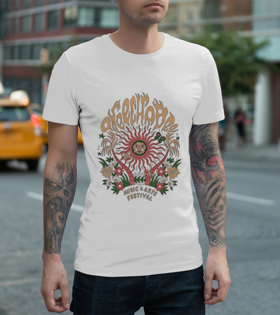 Okeechobee Music And Arts Festival 2026 Sun Illustration With Palm Trees And Floral Accents T-Shirt