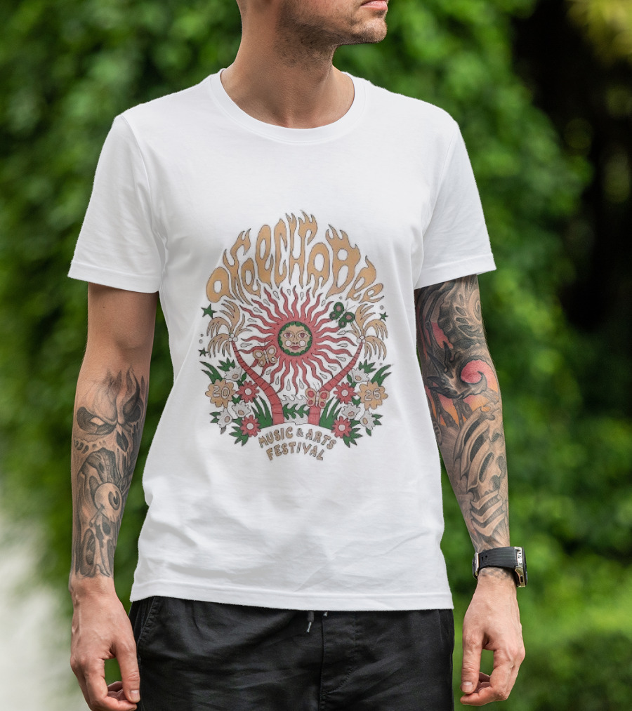 Okeechobee Music And Arts Festival 2026 Sun Illustration With Palm Trees And Floral Accents T-Shirt