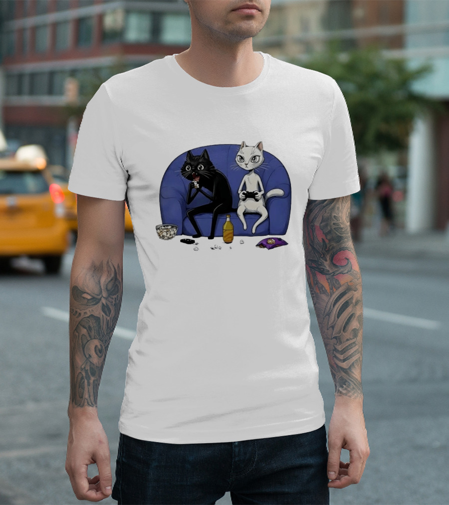 Two Cats One Couch Endless Fun Playing Games With Snacks And Popcorn T-Shirt