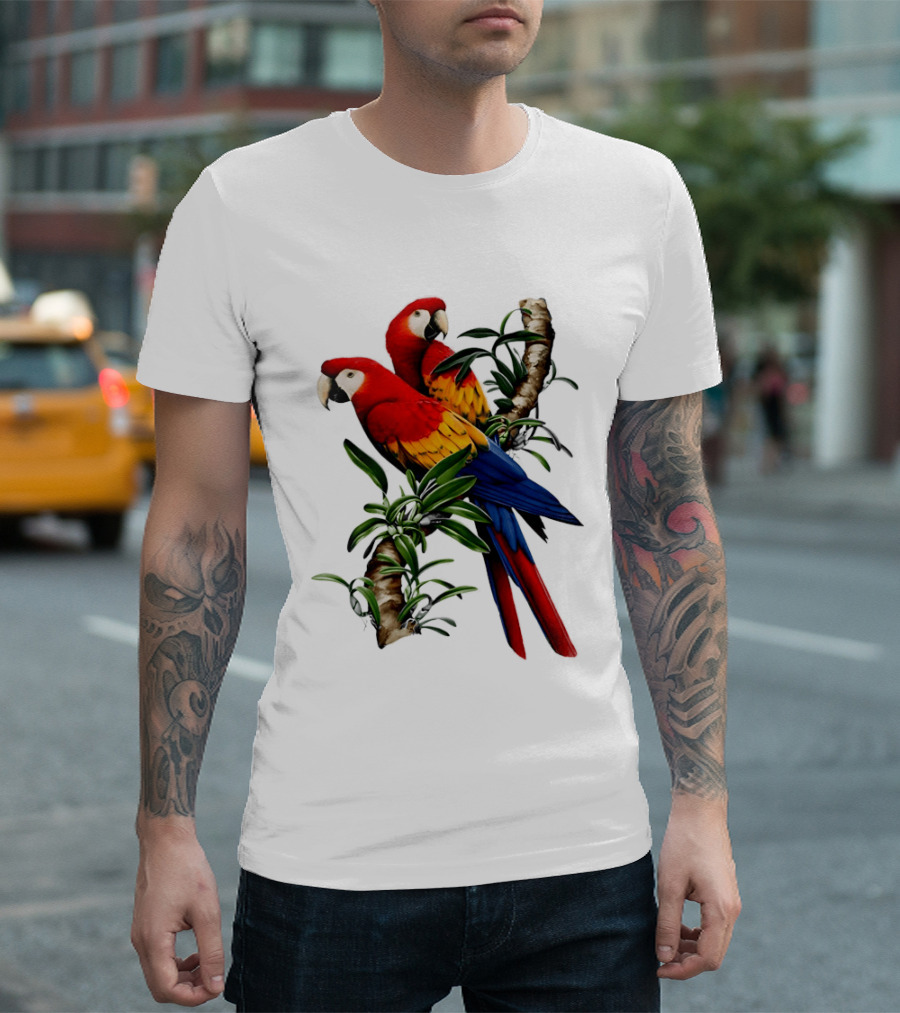 Parrot On Bret's Scarlet Macaw Tropical Branches T-Shirt