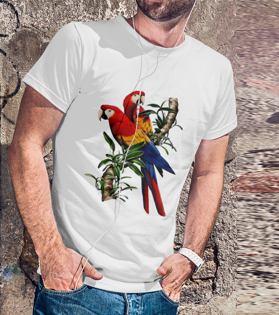 Parrot On Bret's Scarlet Macaw Tropical Branches T-Shirt